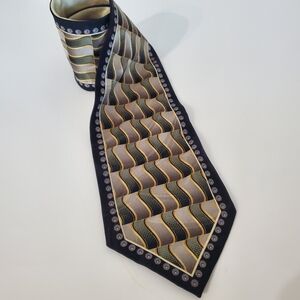 CAMPANELLO Hand Sewn 100% Silk Neck Tie Wavy Geo Black Gold Green Metallic Korea